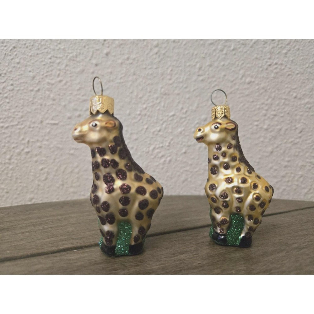 Pair of Vintage Impuls Polish Glass Giraffe Christmas Ornaments Mouth Blown Hand
